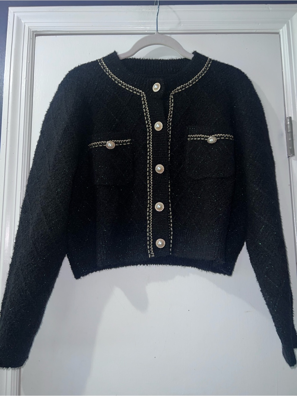 Chic Black Pearl-Button Knit Cardigan